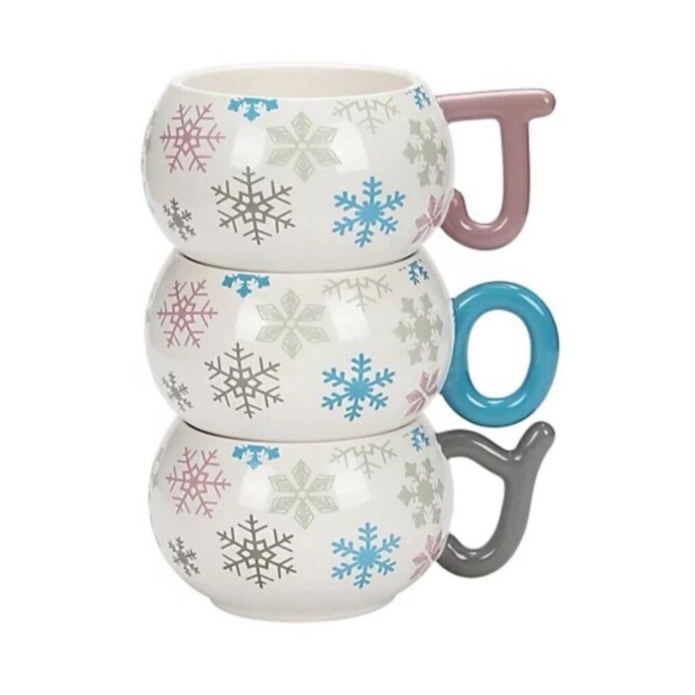 Temptations Christmas Mugs Set of 3 Stackable Snowflake White Joy Blue